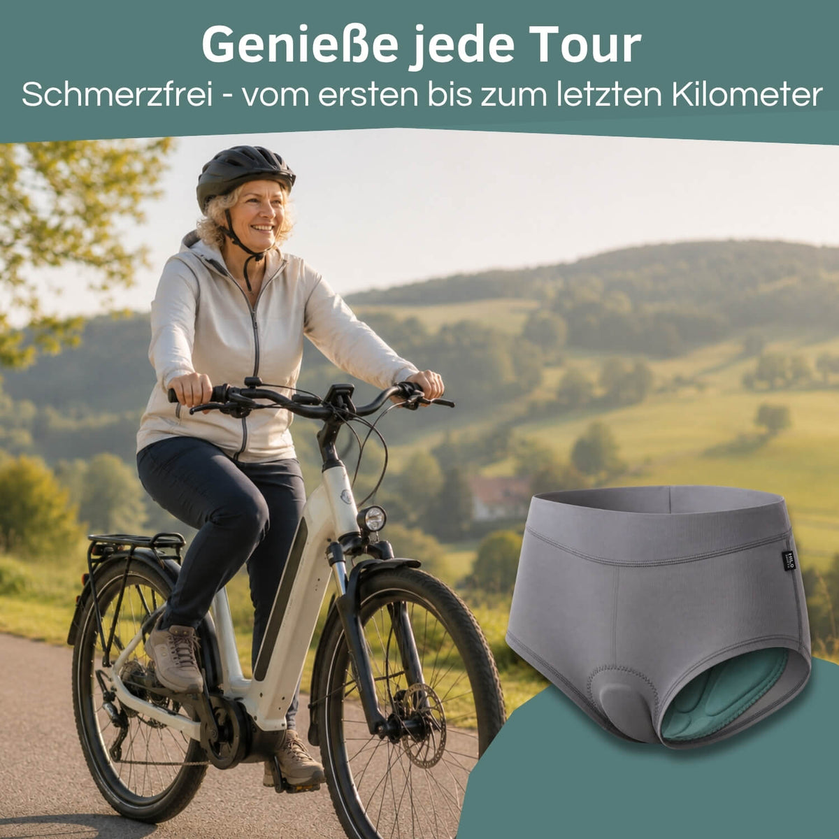 Frau fährt schmerzfrei mit E-Bike auf Radtour dank gepolsterter Radunterhose für Damen