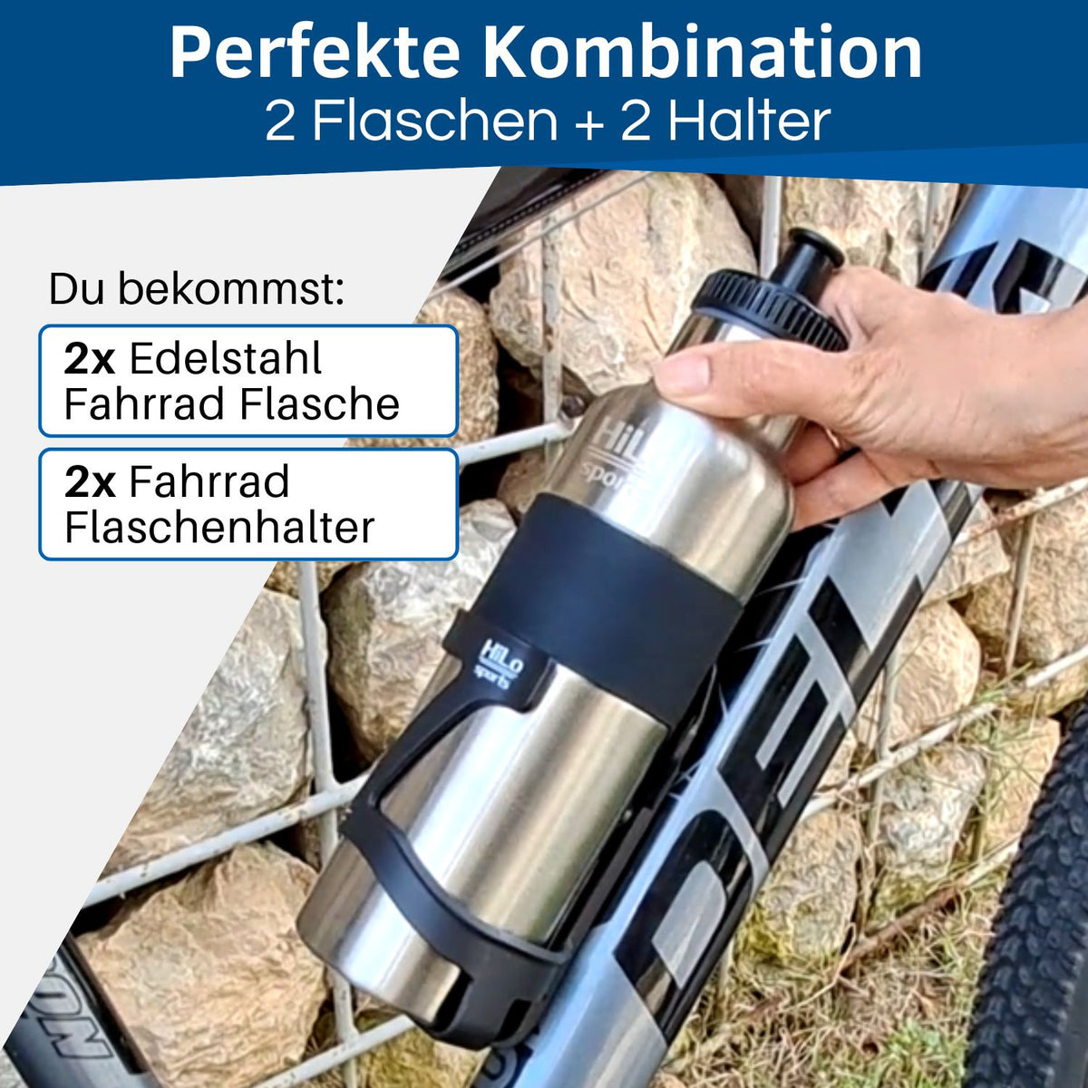 im Set sind 2x 750ml Fahrrad Trinkflasche Edelstahl und 2 Flaschenhalter enthalten