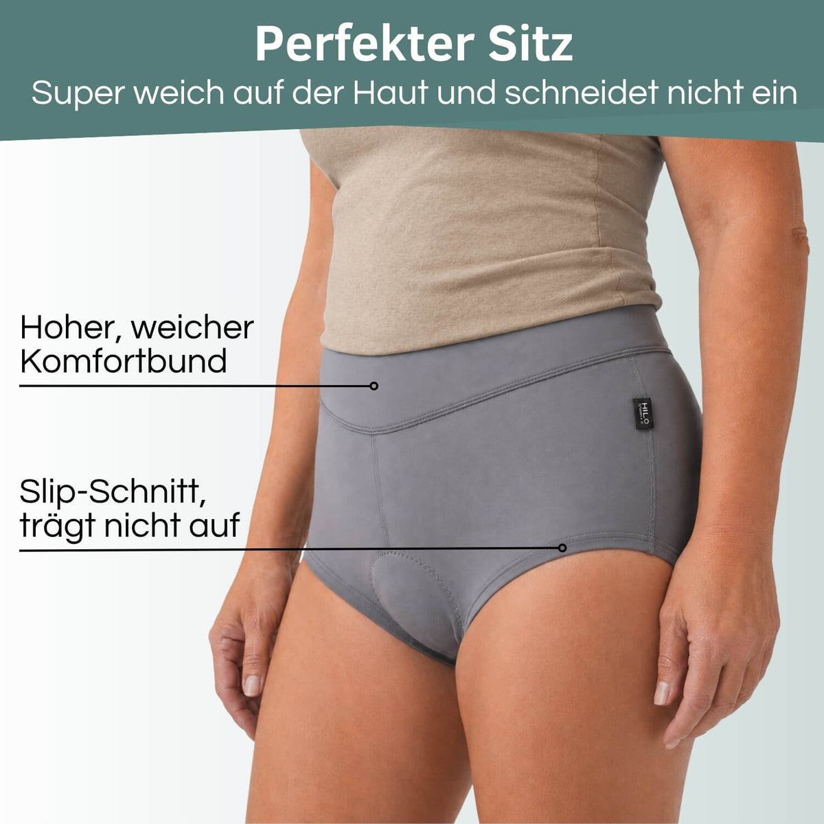Frau trägt gepolsterte Fahrradunterhose für Damen mit hohem Komfortbund ohne Einschneiden