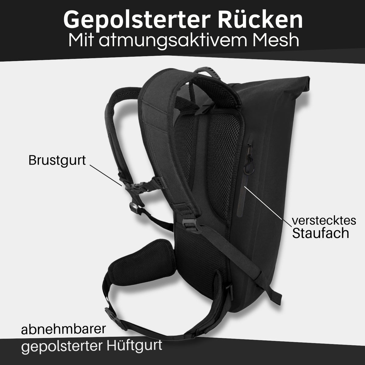 Rucksack aus LKW Planen Material mit gepolstertem Rücken.