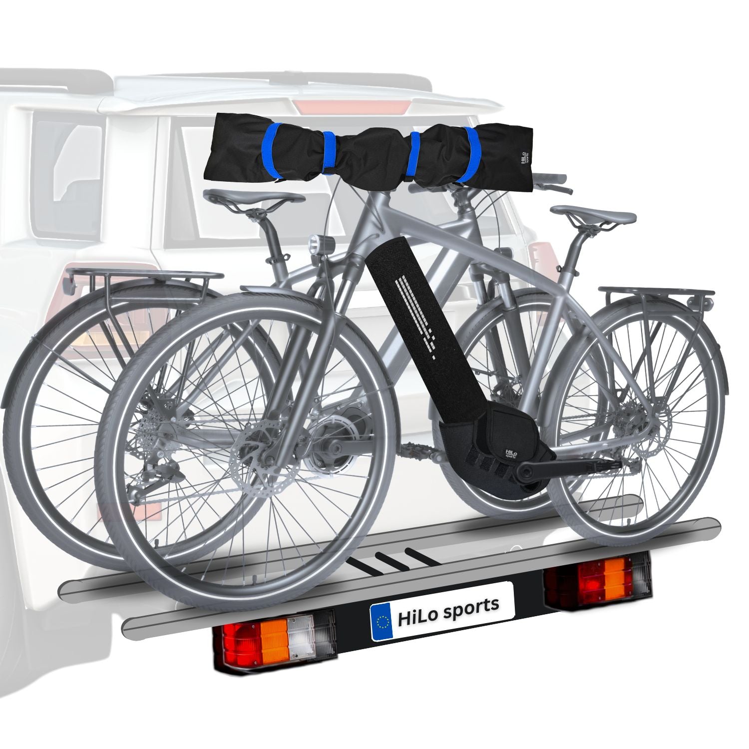 E-Bike mit installiertem HiLo Transportschutz-Set auf Heckträger